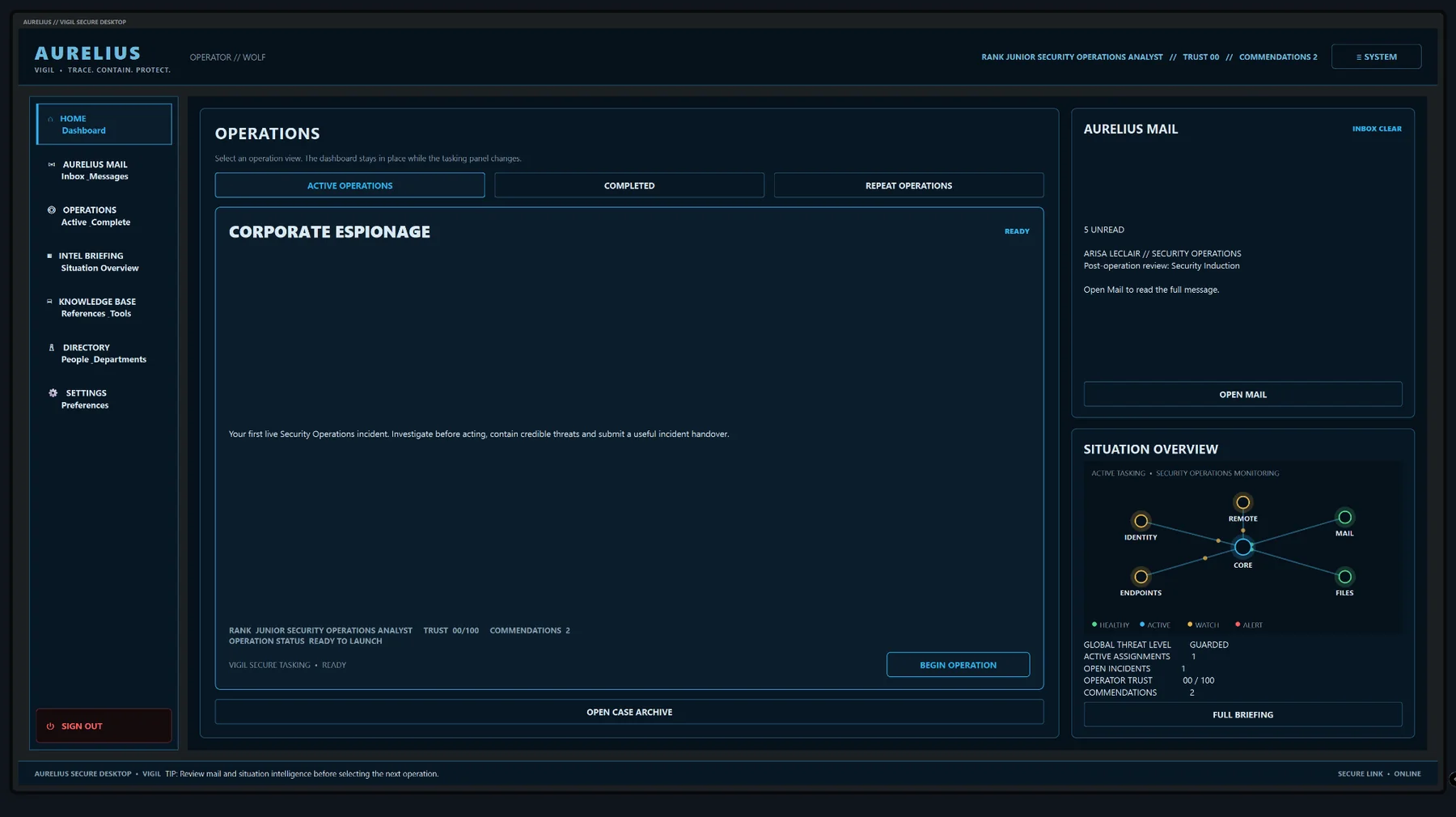Current Aurelius operations hub screen