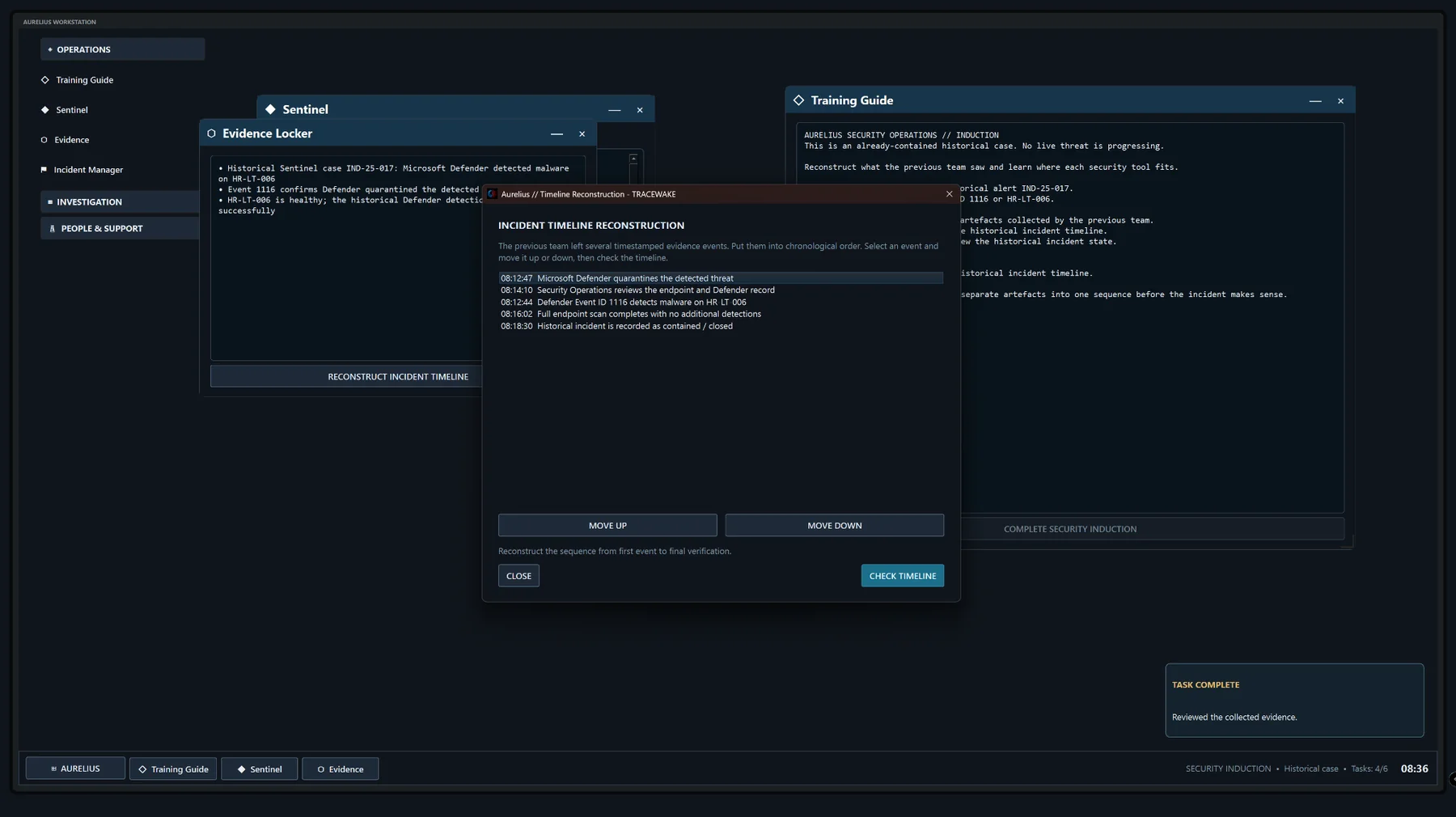 Current Aurelius workstation with timeline reconstruction minigame