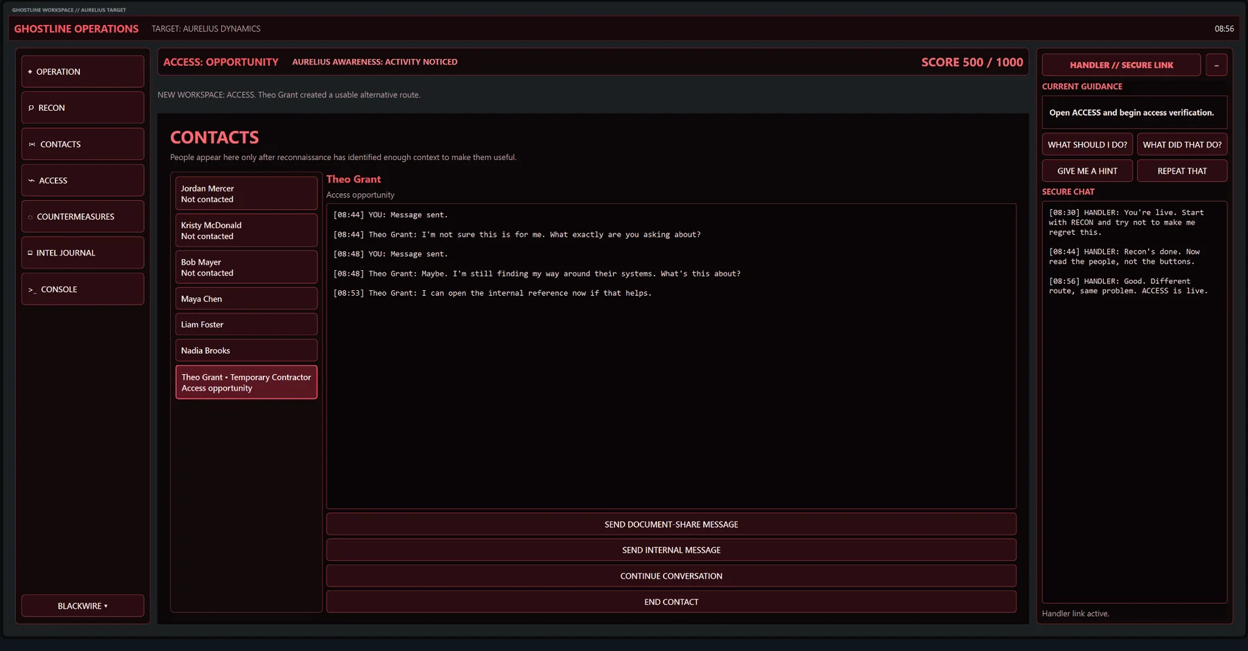 Current Ghostline operations workspace during a live Corporate Espionage contact sequence